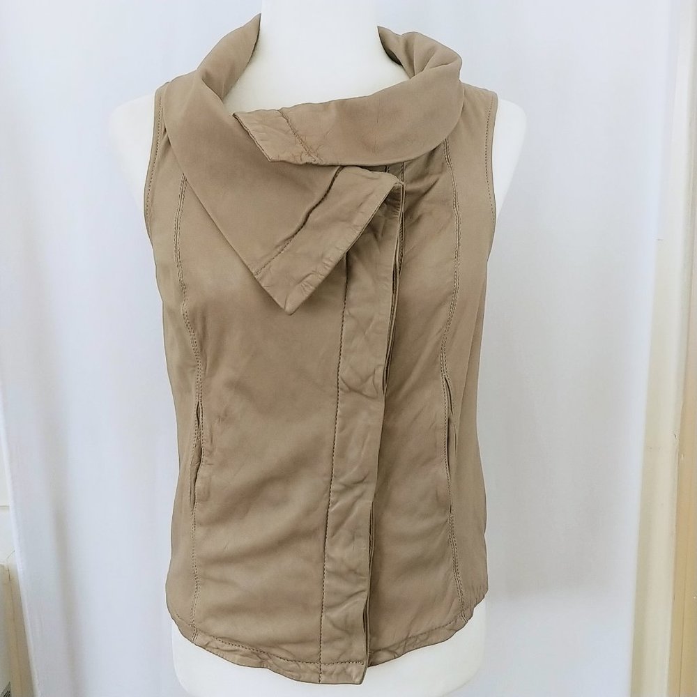 All Saints "Kadian Gilet" Leather Vest Taupe Beige Size 8 Sleeveless Jacket